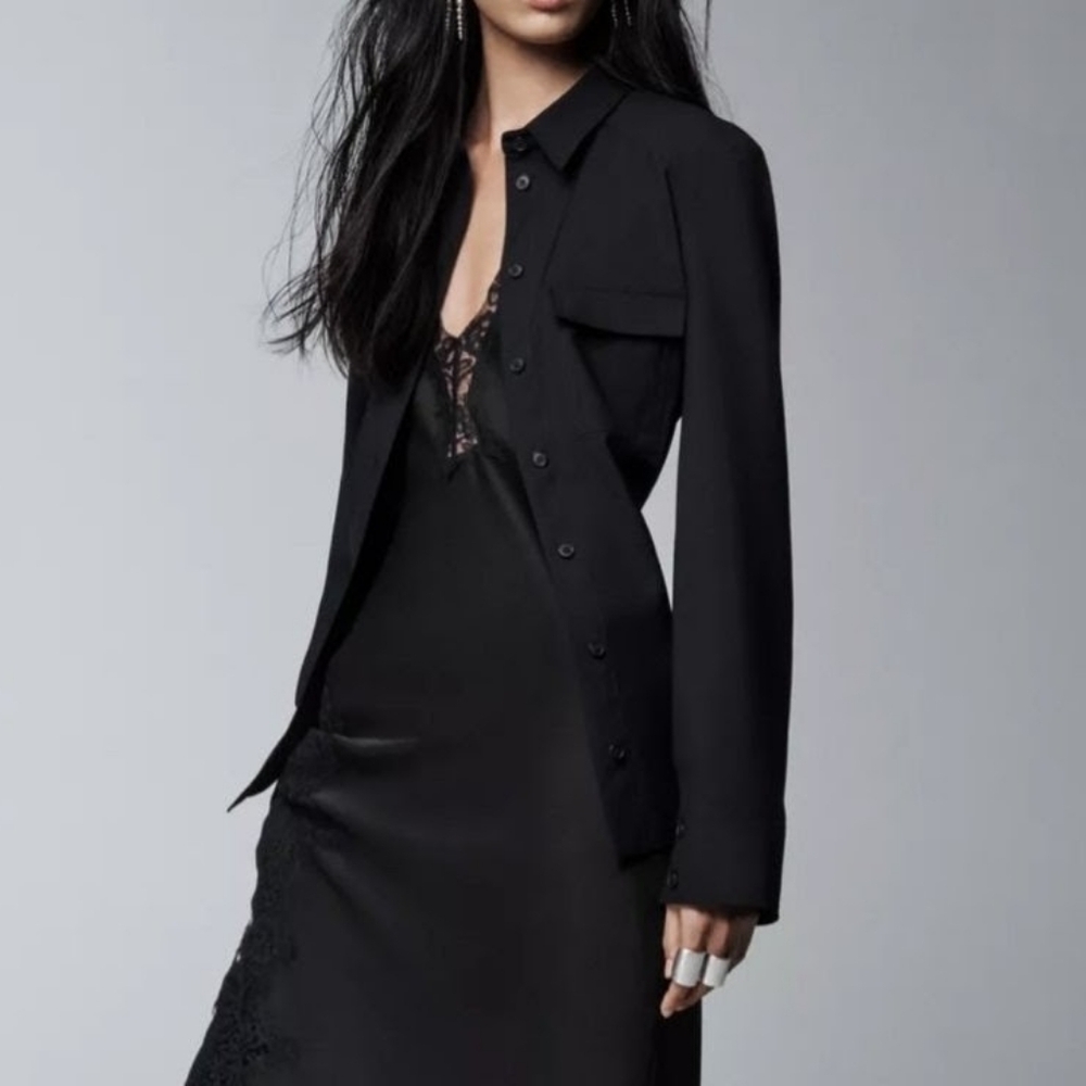 NWT Zara Pocket & Button-Front Collared Wool Shirt Jacket In Black - S